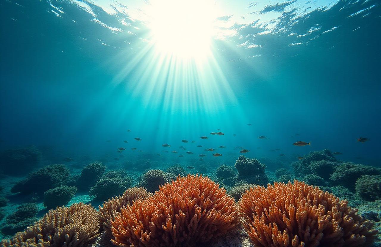 Vibrant coral reef ecosystem with sunlight piercing through clear blue water