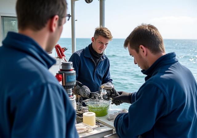 Scientists conducting water testing on a vessel